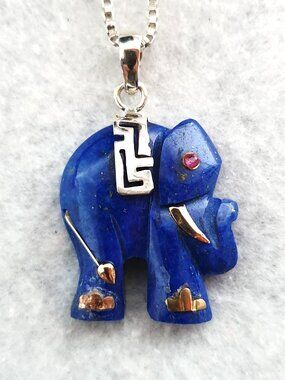 Vintage Natural Lapis Lazuli Sterling Silver Elephant Pendant Necklace
